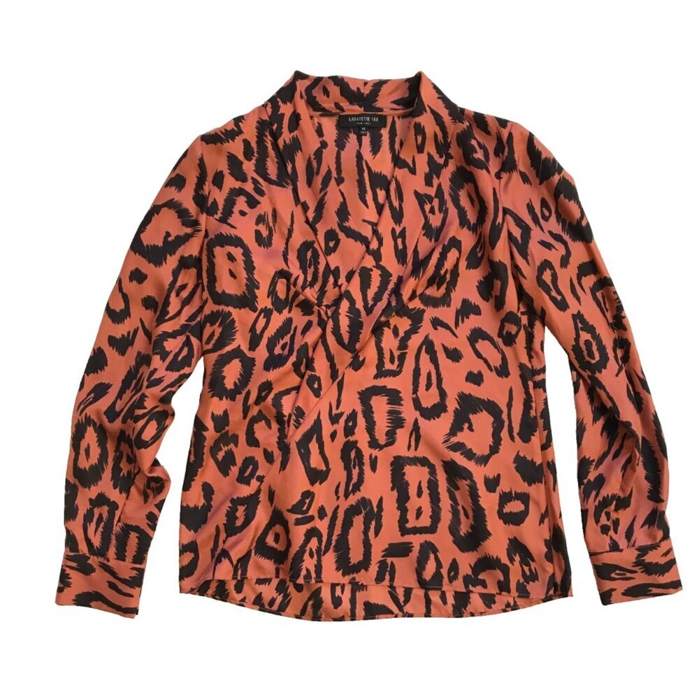 Lafayette 148 Silk Top Shirt Blouse Womens XS Orange Black V-Neck Long Sleeve